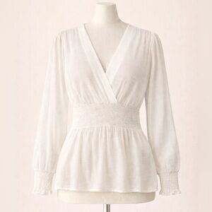 Harvé Benard Sheer White Smocked Waist Peplum Blouse V-neck Size Medium NWT